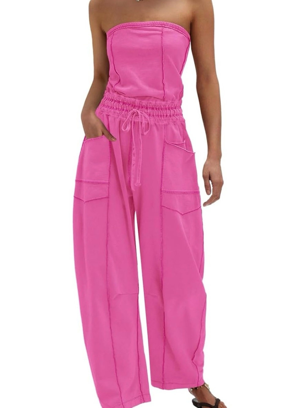 Strapless Wide-Leg Jumpsuit in Bright Pink with Drawstring Waist